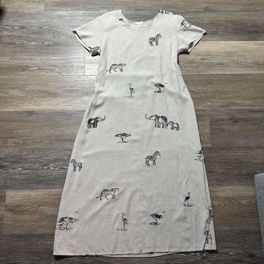 Vintage 90s Connie Choy Safari Animal Print Midi Dress Rayon Linen Tie Waist S M